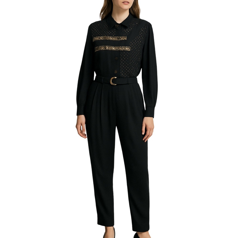 d.frank Jumpsuit Women‎ Black Gold Embellished Long Sleeve Belted Vintage